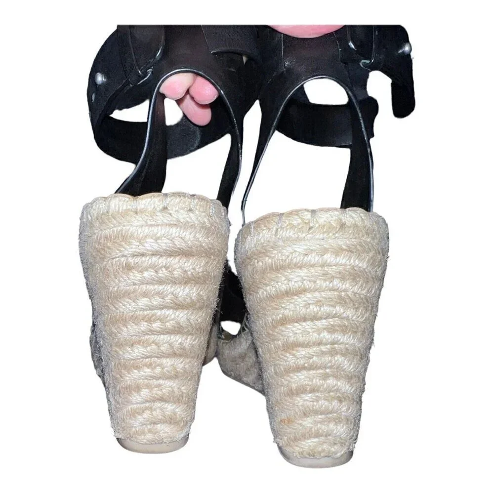 DOLCE VITA Black Leather Open Toe Ankle Strap Espadrille Wedge Sandals Sz 10